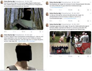 Fabian Eberhard Thread "Junge Tat" (Screenshot X, 28.10.22): "Verurteilt wurden einige von ihnen auch wegen illegalem Waffenbesitz. Hier: Anführer Manuel C. mit einer AK-47. Er bekannte sich Anfang Woche zur Attacke auf die Vorlesestunde am Tanzhaus." "In seinem Telegram-Kanal «Eisenjugend» postete Manuel C.: «Das ist unser Führer Adolf Hitler.» Und: «Schade, waren es nicht 16 Millionen [Juden]. Wären es 16 Millionen gewesen, wäre die Frage schon vor langer Zeit gelöst worden.» Mehr dazu hier: https://www.tagesanzeiger.ch/die-eisenjugend-aus-winterthur-und-ihr-traum-von-der-apokalypse-906200087233" "Die Mitglieder der Jungen Tat trainieren für den Strassenkampf. Aktivisten aus dem Umfeld der Gruppe absolvieren Schiesstrainings. https://x.com/FabianEberhard/status/1361654827391016962" "Im Februar 2022 griffen vermummte Aktivisten der Jungen Tat antifaschistische Demonstranten in Zürich an. Es kam zu Auseinandersetzungen. https://x.com/FabianEberhard/status/1492612535601750022" "Vorgängerorganisation der Jungen Tat war die «Nationalistische Jugend Schweiz» (NJS). Auch dort war Manuel C. und seine Leute aktiv. Die absolvierten Kampftrainings und propagierten den Rassenkrieg."