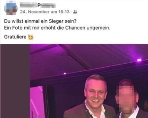 P. schreibt anlässlich des Wahlsieges der FPÖ Steiermark: "Du willst einmal ein Sieger sein? Ein Foto mit mir erhöht die Chancen ungemein. Gratuliere" (Screenshot FB 24.11.24)