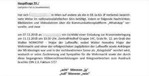 Auf einem Neonazi-Telegram-Kanal: Auschnitt aus dem Urteil gegen P.: Hauptfrage 59 zum Versenden einer Einladung zum Nowotny-Gedenken 2018 - 8 Stimmen für schuldig, 0 Stimmen für nicht schuldig (TG 23.12.24)