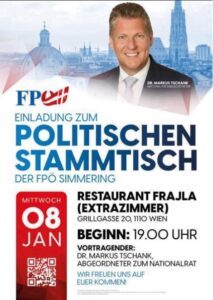 Einladung zum FPÖ-Stammtisch in Simmering (FB, 5.1.25): "Wir freuen uns auf euer Kommen!"