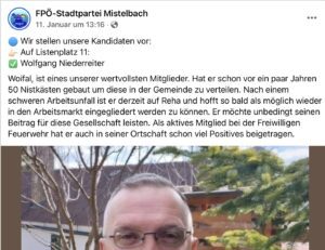 Niederreiter Kandidat für die Gemeinderatswahl 2025 FPÖ-Mistelbach (Screenshot FB 11.1.25)
