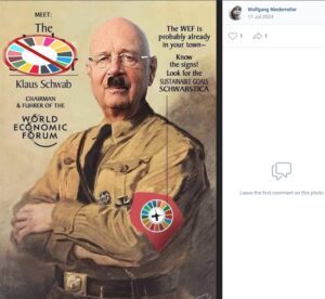 Niederreiter: Klaus Schwab mit Nazi-Uniform und Hitlerbart (Screenshot VK 17.7.24)