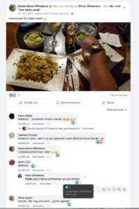 Gisela Offenbeck mit Kommentar Peter Offenbeck: "Eiernockerl mit Salat essen" "heute schmecken sie am besten" (Screenshot FB 20.4.19)