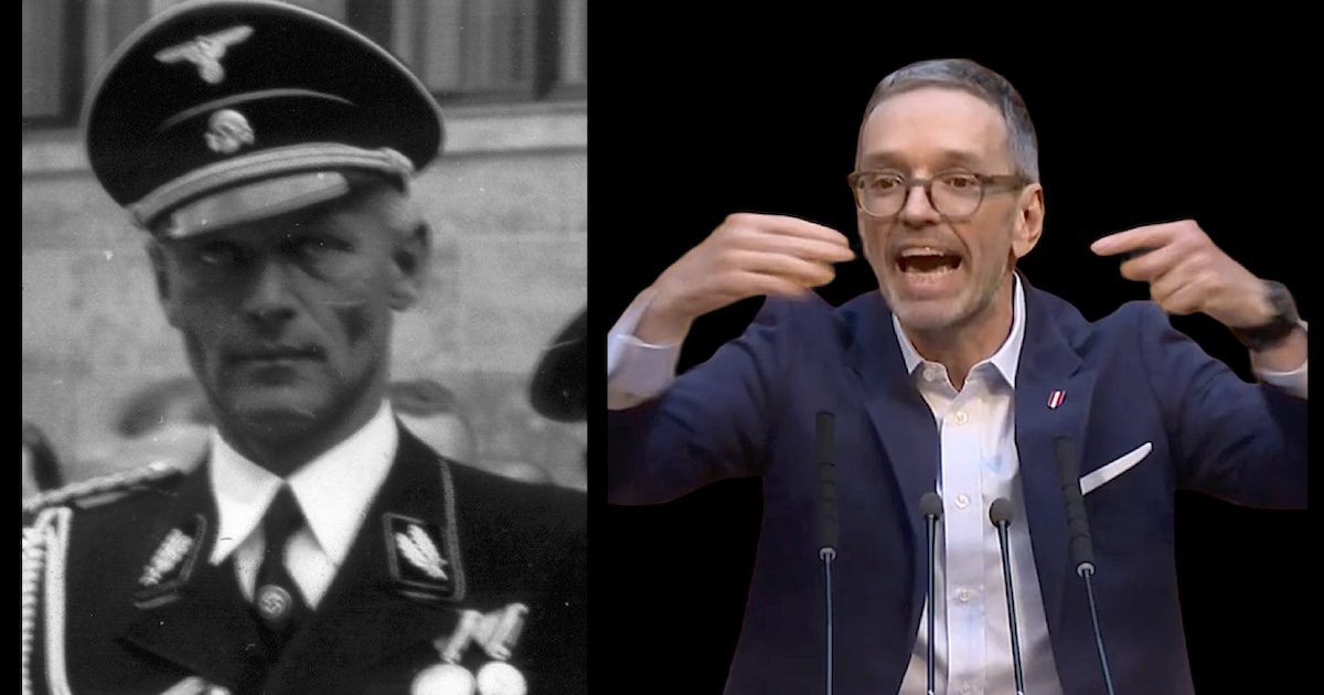 Der erste FPÖ-Parteiobmann SS-Brigadeführer Anton Reinthaller und der aktuelle Parteiobmann Herbert Kickl