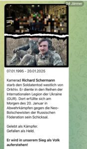 Österreichischer Neonazi-Kanal zum Tod von Schermann (Screenshot TG 24.1.25)