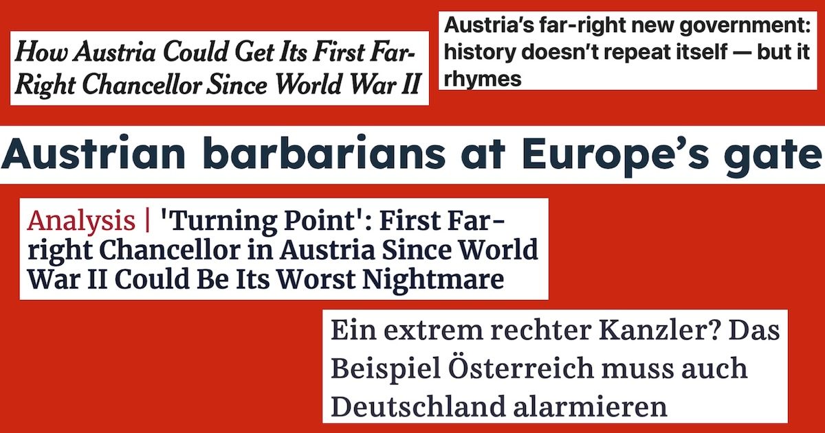 Titel internationaler Zeitungen zu Nachrichten über drohende FPÖ-Kanzlerschaft (New York Times, euobserver, euractiv, Haaretz, Süddeutsche)