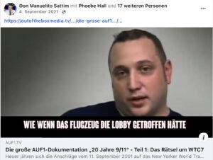 Manuel M. mit Doku "20 Jahre 9/11" bei AUF1 (Screenshot FB 4.9.21)