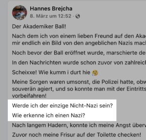 Brejcha: "Werde ich der einzige Nicht-Nazi sein? Wie erkenne ich einen Nazi?" (Screenshot FB 8.3.25)