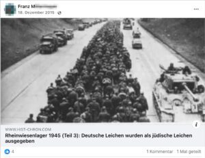 Franz M.: Posting mit Link zu „Rheinwiesenlager 1945 (Teil 3): Deutsche Leichen wurden als jüdische Leichen ausgegeben“ (Screenshot FB 18.12.15)