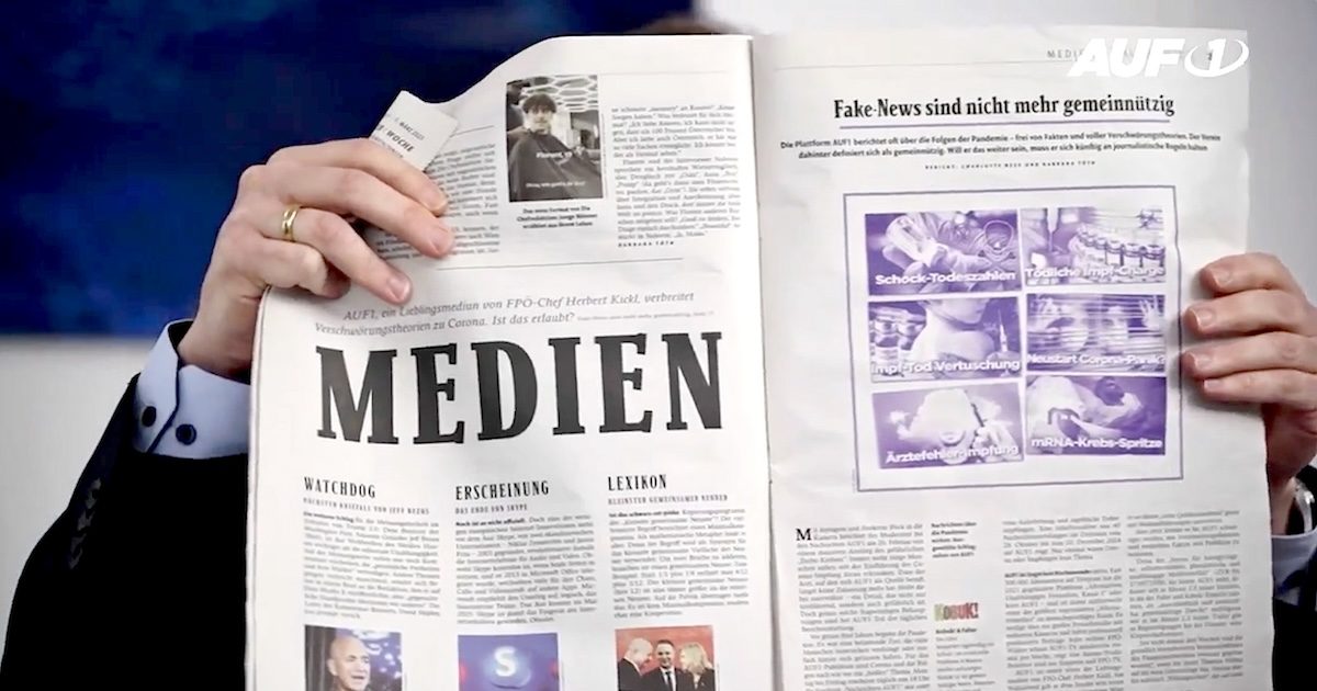 Magnet zeigt den Falter-Artikel: "Fake News sind nicht mehr gemeinnützig" (Screenshot AUF1-Video 6.3.25)