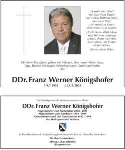 Private Parte für Königshofer mit Lebens- und Todesrune, darunter Parte der Gemeinde Wattens (TT 8.3.25)