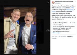 Yannick Robert Wagemann (Aka "Tim Ziegler" mit White Power-Zeichen neben Herbert Kickl (Screenshot X IB Doku 30.9.24)