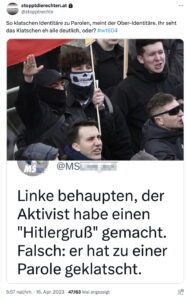 Tweet SdR zu Sellner, der über den Hitlergruß meinte: "Linke behaupten, der Aktivist habe einen 'Hitlergruß' gemacht. Falsch: er hat zu einer Parole geklatscht." (SdR auf X 16.4.25)
