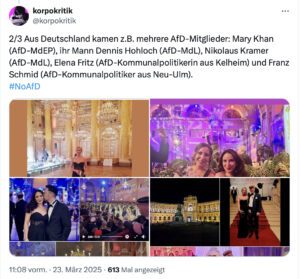 AfD-Politiker*innen beim "Akademikerball" 2025: Mary Khan (AfD-MdEP), ihr Mann Dennis Hohloch (AfD-MdL), Nikolaus Kramer (AfD-MdL), Elena Fritz (AfD-Kommunalpolitikerin aus Kelheim) und Franz Schmid (AfD-Kommunalpolitiker aus Neu-Ulm) (Screenshot X "korpokritik" 23.3.25)