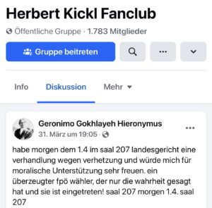 Der Angeklagte bittet in der FB-Gruppe "Herbert Kickl Fanclub" um "moralische Unterstützung" bei der Verhandlung (Screenshot FB 31.3.25)