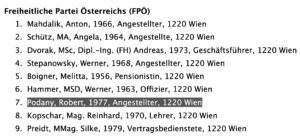 Robert Podany auf Listenplatz 7 der FPÖ für die Bezirksvertretungswahl in der Donaustadt (Screenshot wien.gv.at, 12.4.25)