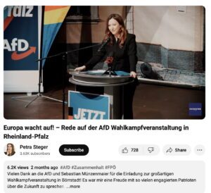 Petra Steger am 28.1.25 bei der AfD auf Einladung von Münzenmaier (Screenshot Steger YouTube)