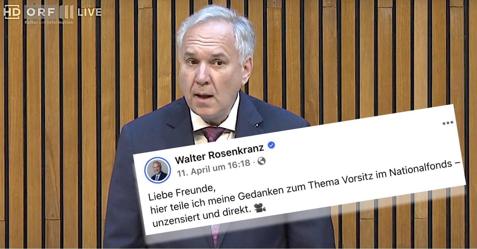 Walter Rosenkranz mit FB-Posting vom 11.4.25 (Foto Rosenkranz: 24.4.25 im Nationalrat)