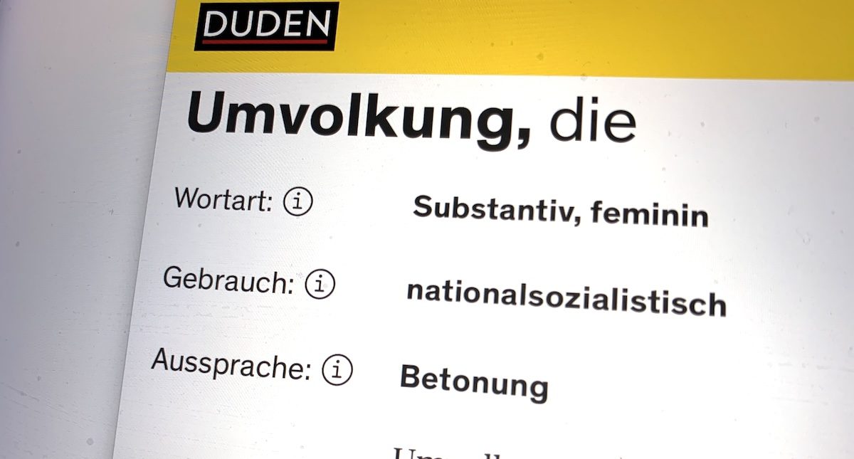 Duden: "Umvolkung" – Gebrauch: nationalsozialistisch