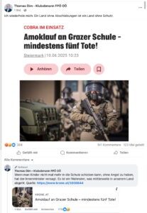Thomas Dim Posting und Kommentar 10h53 (Screenshot FB 10.6.25)