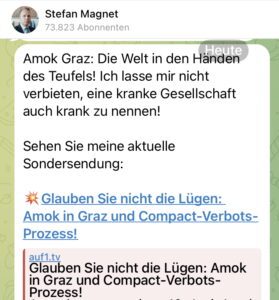 Magnet: "Amok Graz: Die Welt in den Händen des Teufels! ... Glauben Sie nicht die Lügen" (Screenshot TG 11.6.25)