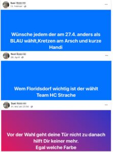 Wahlempfehlungen S.R.: Von der FPÖ (13.2.25) über HC Strache (26.4.25) zu: "Vor der Wahl geht deine Tür nicht zu danach hilft Dir keiner mehr. Egal welche Farbe" (31.5.25) (Screenshots FB)