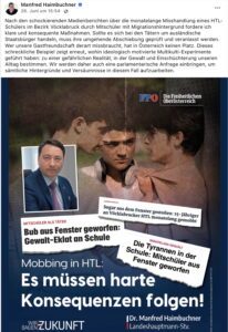 Manfred Haimbuchner: "Nach den schockierenden Medienberichten über die monatelange Misshandlung eines HTL-Schülers im Bezirk Vöcklabruck durch Mitschüler mit Migrationshintergrund" (Screenshot FB 26.6.25) – Posting ist Stand 1.7.25 noch immer online.