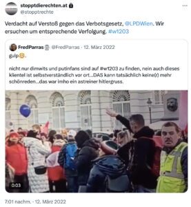 Stoppt die Rechten auf Twitter: Verdacht auf Verstoß gegen das Verbotsgesetz, @LPDWien. Wir ersuchen um entsprechende Verfolgung. #w1203 Retweet von @FredParras gulp?. nicht nur dimwits und putinfans sind auf #w1203 zu finden, nein auch dieses klientel ist selbstverständlich vor ort...DAS kann tatsächlich keine(r) mehr schönreden...das war imho ein astreiner hitlergruss.