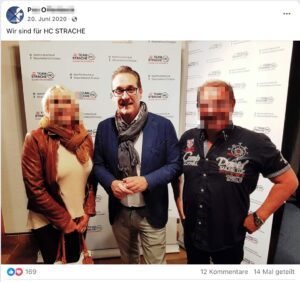 Von li nach re: die Zweitangeklagte G.O, Strache, der Erstangeklagte P.O. – Foto in der Team Strache-Fan-Facebook-Gruppe (Screenshot FB 20.6.20)