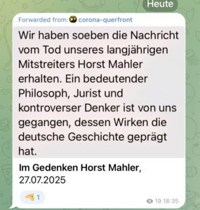 corona-querfront zum Tod von Horst Mahler (Screenshot TG 27.7.25)