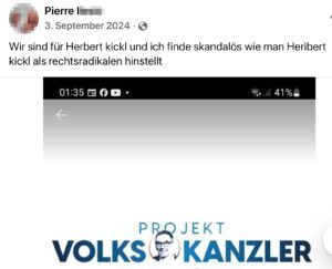 Fast schon Satire: "Wir sind für Herbert kickl und ich finde skandalös wie man Heribert kickl als rechtsradikalen hinstellt" (Screenshot FB 3.9.24)