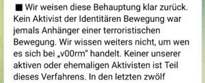 Sellner zu Moritz D.: "Kein Aktivist der Identitären Bewegung war jemals Anhänger einer terroristischen Bewegung." (Screenshot Telegram 21.5.24)
