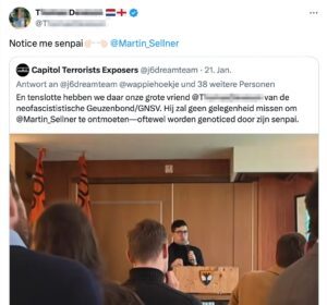 T.D. auf X als Sellner-"Senpai" ("Fanboy"). Foto zeigt Martin Sellner bei einem Vortrag am 18.1.25 in den Niederlanden, an dem auch D. teilgenommen hat (Screenshot X 21.1.25)