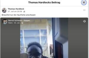 Thomas Hardteck über einen POC: "Brauchst nur die Hautfarbe anschauen" (Screenshot FB 27.7.25)