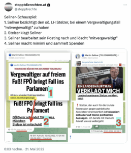 Sellner-Schauspiel: 1. Sellner bezichtigt den oö. LH Stelzer, bei einem Vergewaltigungsfall "mitvergewaltigt" zu haben 2. Stelzer klagt Sellner 3. Sellner bearbeitet sein Posting nach und löscht "mitvergewaltigt" 4. Sellner macht mimimi und sammelt Spenden pic.twitter.com/WmRczzoL4N — stopptdierechten.at (@stopptrechte) May 21, 2022