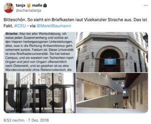 Tanja Malle auf Twitter: "Bitteschön. So sieht ein Briefkasten laut Vizekanzler Strache aus. Das ist Fakt. #CEU - via @MeretBaumann" (7.12.18)