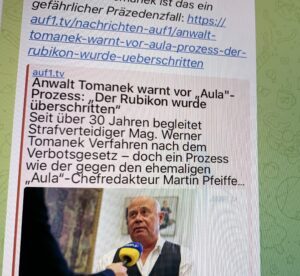 AUF1-Interview mit Werner Tomanek zum Aula-Prozess (Screenshot Telegram 27.9.25)