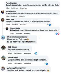 Hasskommentare bei Herbert Kickl zu Mein-Reisinger (Screenshots FB 30.8.25): "Schade das es keine Hexen Verbrennung mehr gibt Sie wäre die Erste" "Volksverraeter in und was mit denen gemacht gehoert ist hinlänglich bekannt." "Die gehört weggesperrt und der Schlüssel weggeschmissen – in den Männerknast mit der! Dann kann sie genießen!" "Liefert sie an Putin aus Er hat noch viele freie Mülltonnen" "Trottlweib gehört entsorgt.." "Die gehört mal erzogen die geistig behinderte." "Sie lässt sich wahrscheinlich von allen Vögeln."