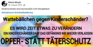 Der Angeklagte Marco W. fordert: "EIN KINDERSCHÄNDER DARF DAS GEFÄNGNIS NIE WIEDER VERLASSEN" (Screenshot FB 16.8.16)