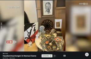 Bei der Razzia am 9.9.25 sichergestellte NS-Devotionalien in der Lichtenauergasse (Screenshot ORF ZiB, 9.9.25)