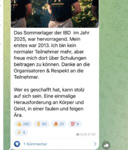 Sellner beim IB-Bundeslager 25: "Das Sommerlager der IBD im Jahr 2025, war hervorragend. Mein erstes war 2013. Ich bin kein normaler Teilnehmer mehr, aber freue mich dort über Schulungen beitragen zu können. Danke an die Organisatoren & Respekt an die Teilnehmer. Wer es geschafft hat, kann stolz auf sich sein. Eine einmalige Herausforderung an Körper und Geist, in einer faulen und feigen Ära." (Screenshot TG 2.9.25)