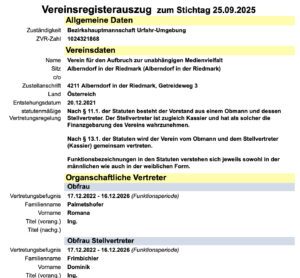 Vereinsregisterauszug "Verein für den Aufbruch zur unabhängigen Medienvielfalt" mit Romana Palmetshofer und Dominik Frimbichler