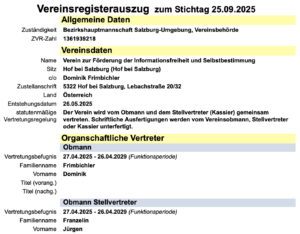 Vereinsregisterauszug "Verein zur Foerderung der Informationsfreiheit und Selbstbestimmung" mit Dominik Frimbichler und Jürgen Franzelin