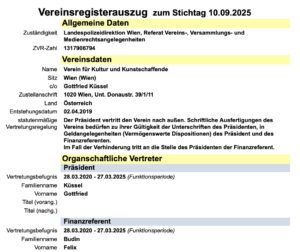 Vereinsregisterauszug "Verein für Kultur und Kunstschaffende" (10.9.25)