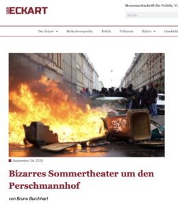 Bruno Burchhart in "Der Eckart" zur Razzia am Peršmanhof mit Illustration eines Bildes aus Dresden 2010 (24.9.25)