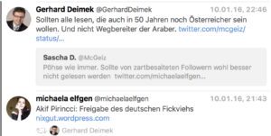 Gerhard Deimek: "Sollten alle lesen, die auch in 50 Jahren noch Österreicher sein wollen. Und nicht Wegbereiter der Araber." und Retweet: "Akif Pirincci: Freigabe des deutschen Fickviehs" (Screenshot Twitter 10.1.16)
