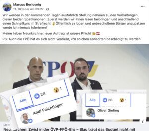 Die Parteibasis rebelliert: Likes für den von der FPÖ ausgeschlossenen Berlosnig vom Lichtenwörther FPÖ-Vizebgm. Andreas Feichtinger und von Oliver Giefing, FPÖ-Gemeinerat in Breitenau (Screenshots FB 11.10.25)