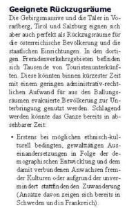 Thomas R.: "Erstens bei möglichen ethnisch-kulturell bedingten, gewalttätigen Auseinandersetzungen in Folge der demographischen Entwicklung und dem damit verbundenen Anwachsen fremder Kulturen oder aufgrund der unvermindert stattfindenden Zuwanderung (Ansätze davon zeigen sich bereits in Schweden und in Frankreich)" (Screenshot AHF-Zeitschrift, S. 23, Herbst 2019)