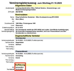 Vereinsregisterauszug RFS Wien: Am 18.3.2025 behördlich aufgelöst.