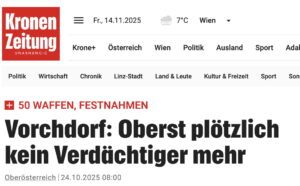 Kronen Zeitung: "Vorchdorf: Oberst plötzlich kein Verdaechtiger mehr" (Screenshot 24.10.25)